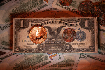 Interesting rare one US Dollar banknote with shining Bitcoin coin