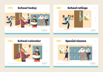 School classes and studying concept of landing pages set with pupils in school hall talking