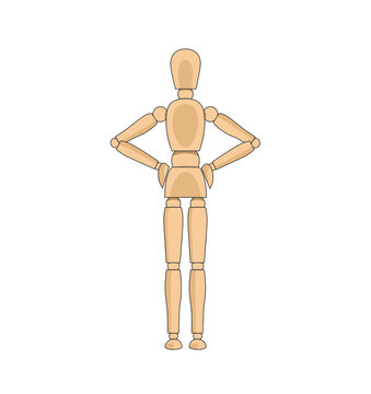 Wooden man model, manikin to draw human body anatomy serious standing pose. Mannequin control dummy figure vector simple illustration stock image	

