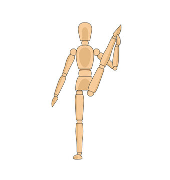 Wooden man model, manikin to draw human body leg stretch pose. Mannequin control dummy figure vector simple illustration stock image sports