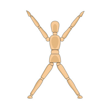 Wooden man model, manikin to draw human body jumping jacks or star pose. Mannequin control dummy figure vector simple illustration stock image