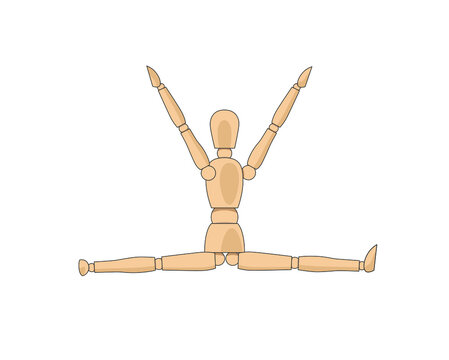 Wooden man model, manikin to draw human body anatomy leg-split pose. Mannequin control dummy figure vector simple illustration stock image
