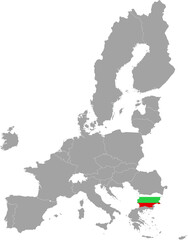Fototapeta premium Map of Bulgaria with national flag within the gray map of European Union countries