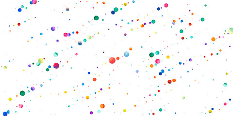 Watercolor confetti on white background. Adorable rainbow colored dots. Happy celebration wide colorful bright card. Emotional hand painted confetti.