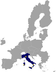 Map of Italy with European union flag within the gray map of European Union countries
