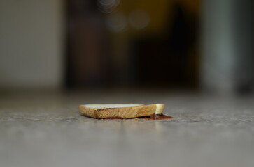 Tostada con mermelada caída en el suelo