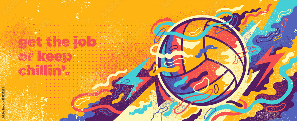 Poster volleyball banner design in abstract style with ball and colorful splashing shapes. vector illustrat