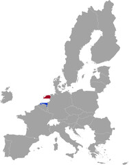 Fototapeta premium Map of Netherlands with national flag within the gray map of European Union countries