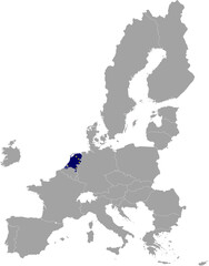Map of Netherlands with European union flag within the gray map of European Union countries