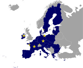 Map of European Union countries with European Union flag within the gray map of European continent