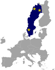 Map of Sweden with European union flag within the gray map of European Union countries