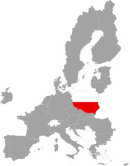 Map of Poland with national flag within the gray map of European Union countries