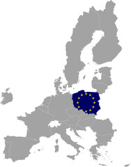 Map of Poland with European union flag within the gray map of European Union countries