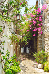 Fototapeta na wymiar Narrow street in old town of Marmaris, Turkey . Beautiful scenic old ancient white houses with pink flowers. Popular tourist vacation destination