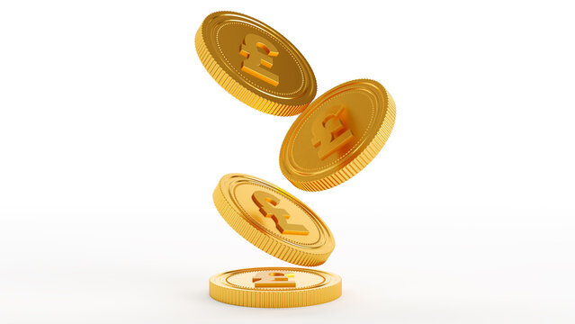Set of gold coins with pound sign isolated on a white background., British pound coins falling. 3D render