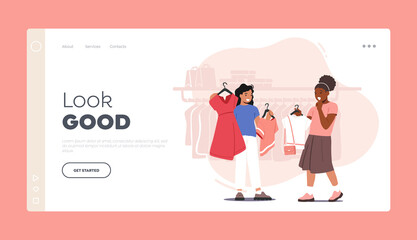 Kids Fashion Landing Page Template. Little Girl Friends Choosing Clothes in Boutique. Dress Collection, Shopping Apparel