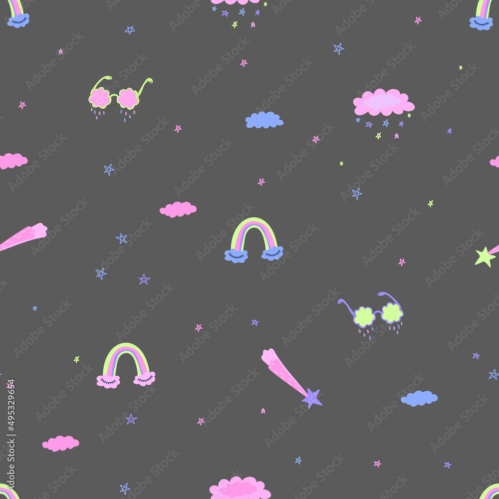 Poster seamless pattern with clouds in kawaii style.