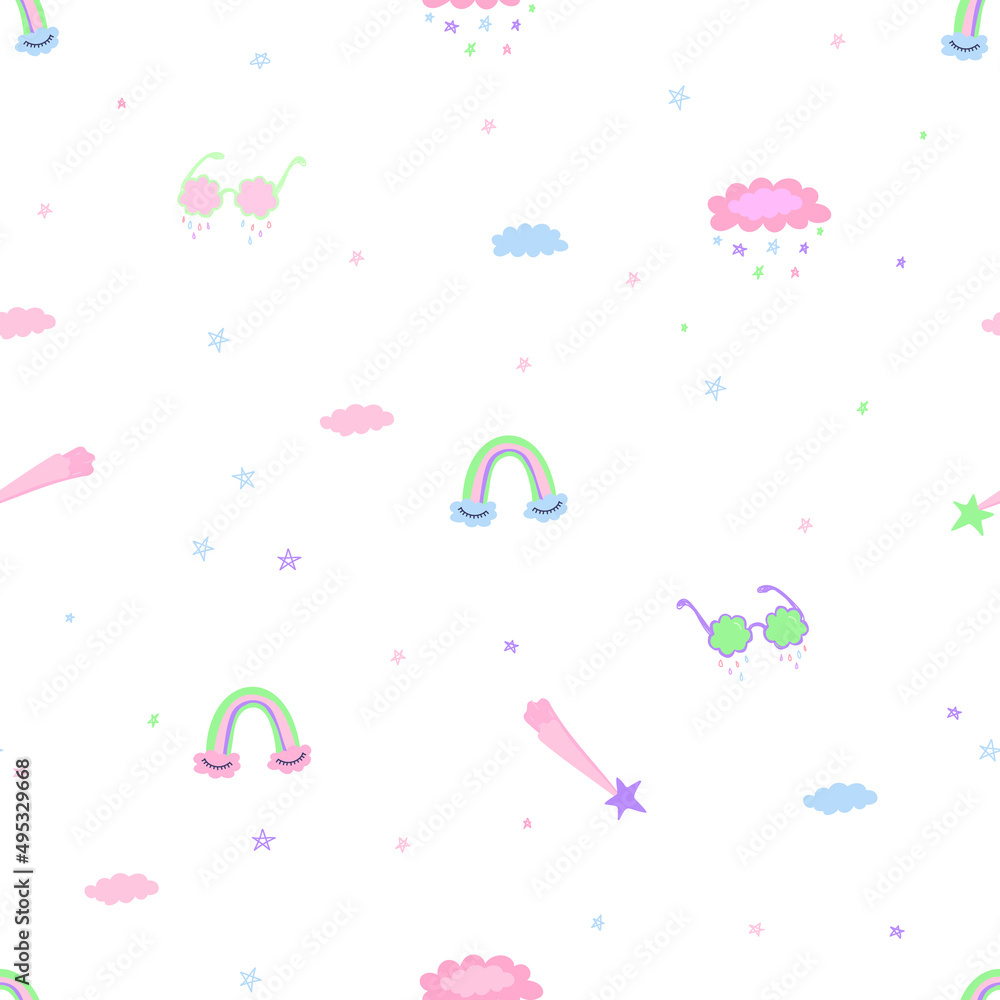 Poster seamless pattern with clouds in kawaii style.