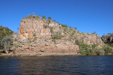 Fototapeta na wymiar Cruising on the Katherine River through the Katherine Gorge in the Nitmiluk National Park in Australia's Northern Territory.