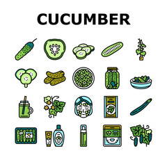 Cucumber Natural Bio Vegetable Icons Set Vector. Cucumber Ingredient For Preparing Vitamin Salad And Eco Cream Cosmetics, Spa Salon Healthy Procedure And Facial Mask Color Illustrations
