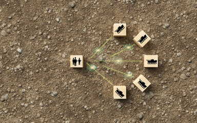 wooden blocks with war symbols on gravel background
