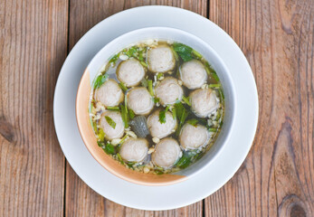 meatball soup bowl, Asian Thai food meat ball and pork balls on wooden background