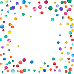 Watercolor confetti on white background. Adorable rainbow colored dots. Happy celebration square colorful bright card. Exquisite hand painted confetti.