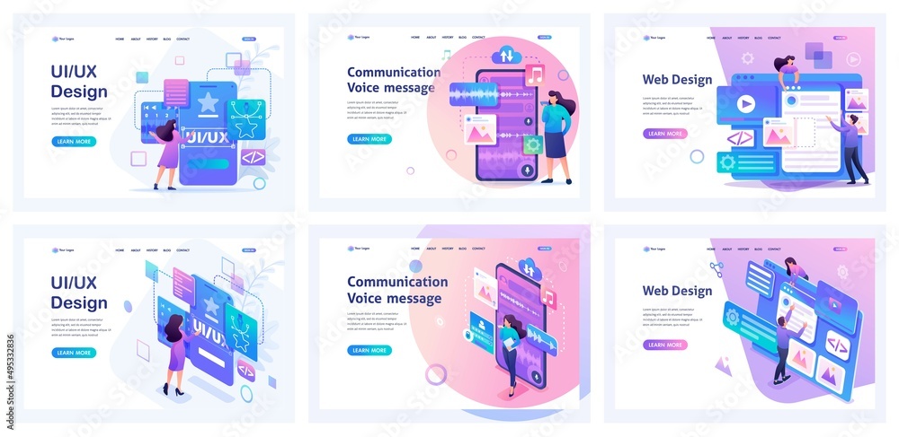 Poster Set of landing pages for working with mobile app. Isometric 3D and 2D illustrations. Creating an application design, recording audio messages