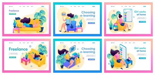 Set of landing pages about self-isolation. Isometric 3D and 2D illustrations. The girl works at home, freelancer, online training