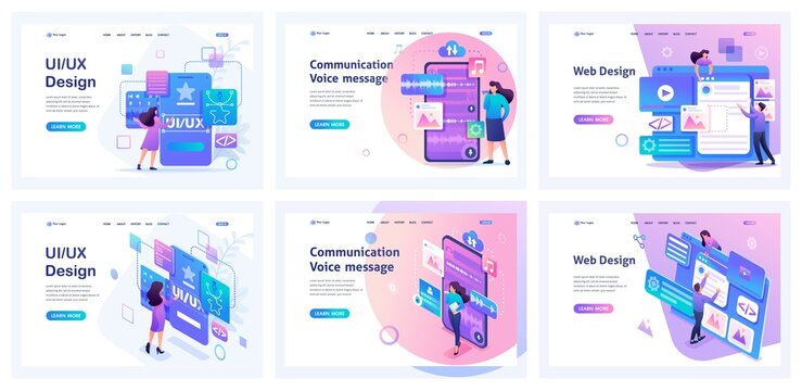 Set of landing pages for working with mobile app. Isometric 3D and 2D illustrations. Creating an application design, recording audio messages