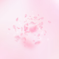 Sakura petals falling down. Romantic pink flowers explosion. Flying petals on pink square background. Love, romance concept. Fantastic wedding invitation.