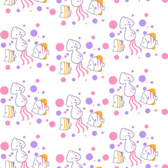 Seamless pattern with cute squid illustration in line cartoon style