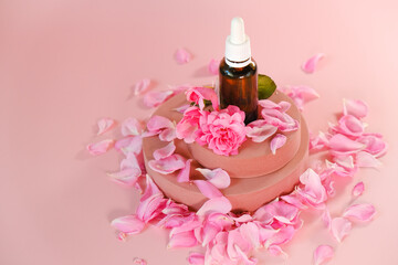Obraz na płótnie Canvas Rose essential oil in a glass bottle and rose flowers on a pink podium on a pink background.natural rose oil. Aromatherapy and cosmetics .