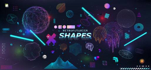 Modern 3D geometric shapes, trendy colors cyberpunk and Retrofuturism elements. 3D Universal geometric memphis and vaporwave shapes with effect glitch and fluid. Memphis elements set 80s - 90s. Vector