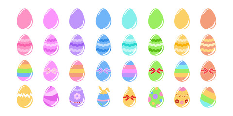 Zestaw kolorowych jajek wielkanocnych w różnych wzorach na białym tle. Świąteczne pisanki. Ilustracja wektorowa. - obrazy, fototapety, plakaty