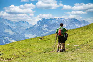 Backside of hikers, hillwalking in the mountains in summer