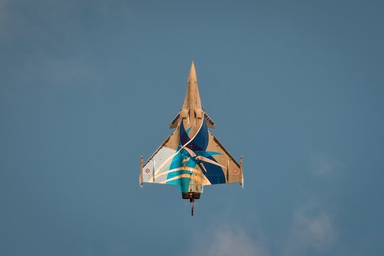 Gdynia, Poland - August 21, 2021: Flight of the French Air Force Dassault Rafale fighter plane at the Aero Baltic show in Gdynia, Poland.
