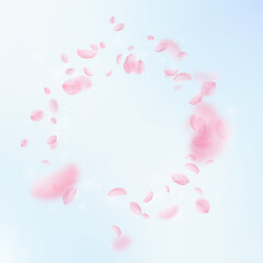 Sakura petals falling down. Romantic pink flowers vignette. Flying petals on blue sky square background. Love, romance concept. Elegant wedding invitation.