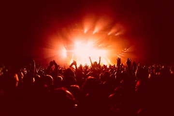 Stoff pro Meter A crowded concert hall with scene stage in red lights, rock show performance, with people silhouette, colourful confetti explosion fired on dance floor air during a concert festival © tsuguliev