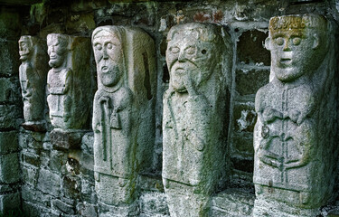 Celtic Christian monastic carvings of saints monks on White Island, Lower Lough Erne, near...