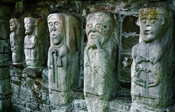 Celtic Christian monastic carvings of saints monks on White Island, Lower Lough Erne, near Enniskillen, Co. Fermanagh, Ireland.