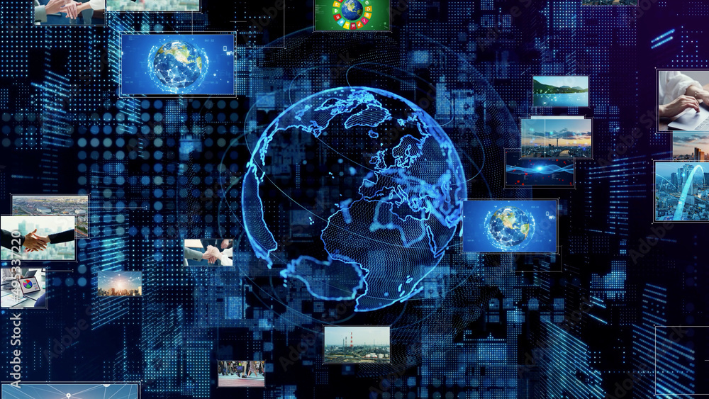 Poster global communication network concept. video content. video distribution service. social network.