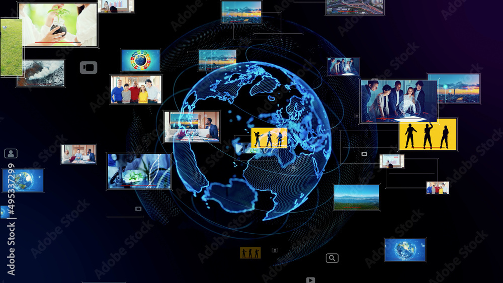 Poster international broadcasting concept. video distribution service. streaming video. communication netwo