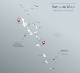 Vanuatu map, islands with names and city, blue white card paper 3D vector