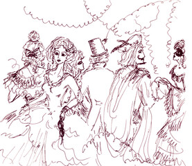 Fototapeta na wymiar men and women in masks at the carnival, black and white graphic drawing