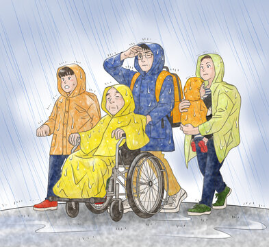 A family evacuating to a shelter in heavy rain