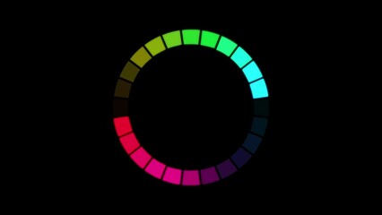 Animation of color palette icon that are arranged around each other in a circle on black background. Indicator for loading progress. Seamless looping. Video animated background.