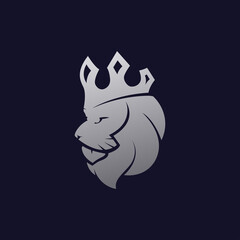 Lion head logo design using crown, animal king vector icon