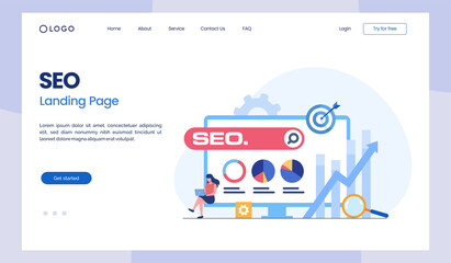 SEO optimization concept, website development, entrepreneur, business web, data analyst, flat illustration vector landing page