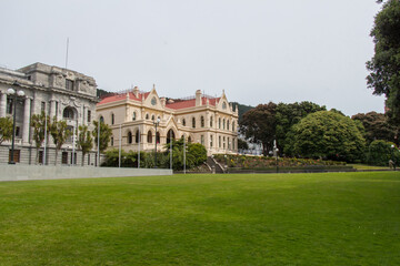 Obraz premium Facade view of New Zealand Parliament buildings and Parliamentary Library, Wellington, New Zealand.